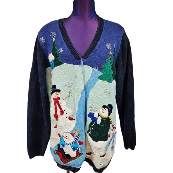 Quacker Factory Blue Button Up Snowman Christmas‎ Cardigan Size Large Women's - Picture 8 of 8